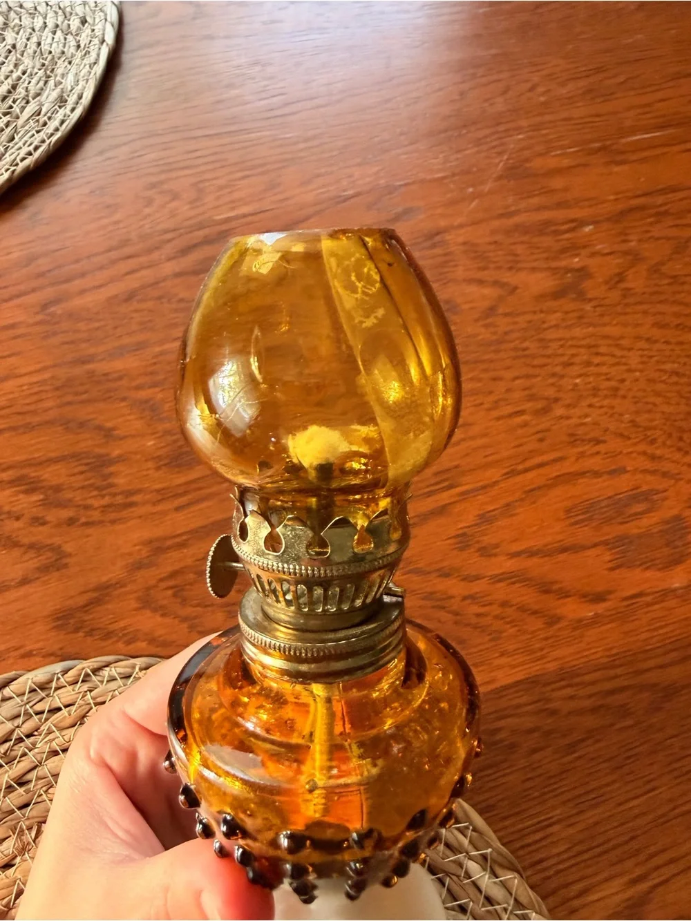 Amber Glass Hobnail Oil Lamp with White Base